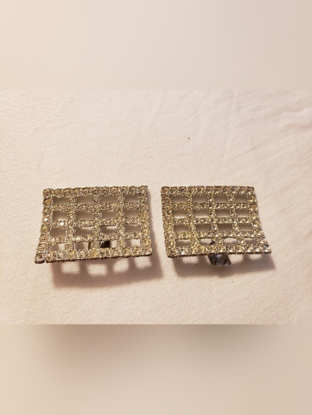 Vintage CrystalRhinestone Grid Square Clip-on ForShoe Clips or Lapel Silver Tone